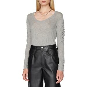 Frame Denim Scoop Neck Cashmere Sweater, Gathered Sleeves, Grey.